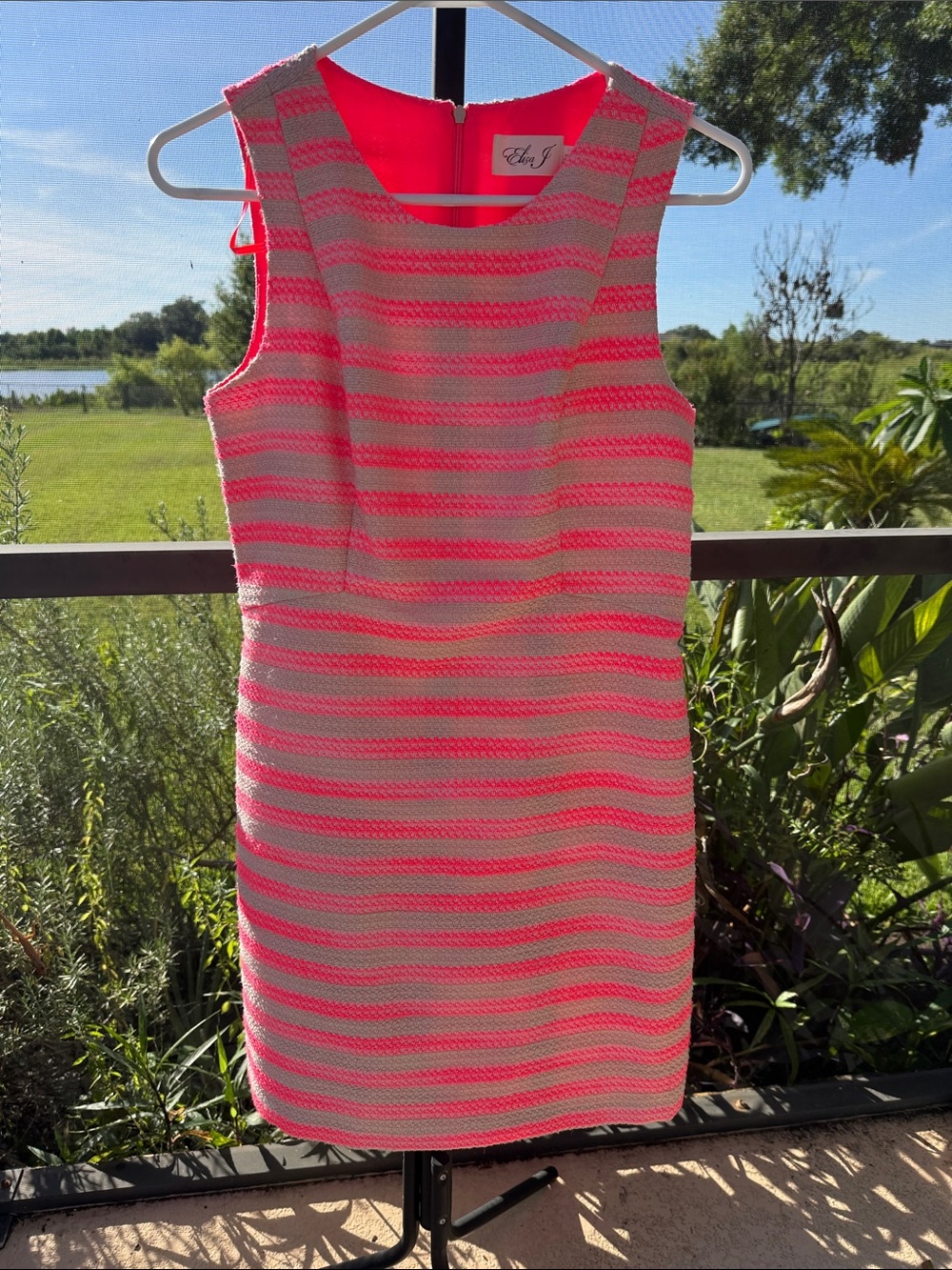 Eliza J Neon Pink and Cream Striped Sheath Dress